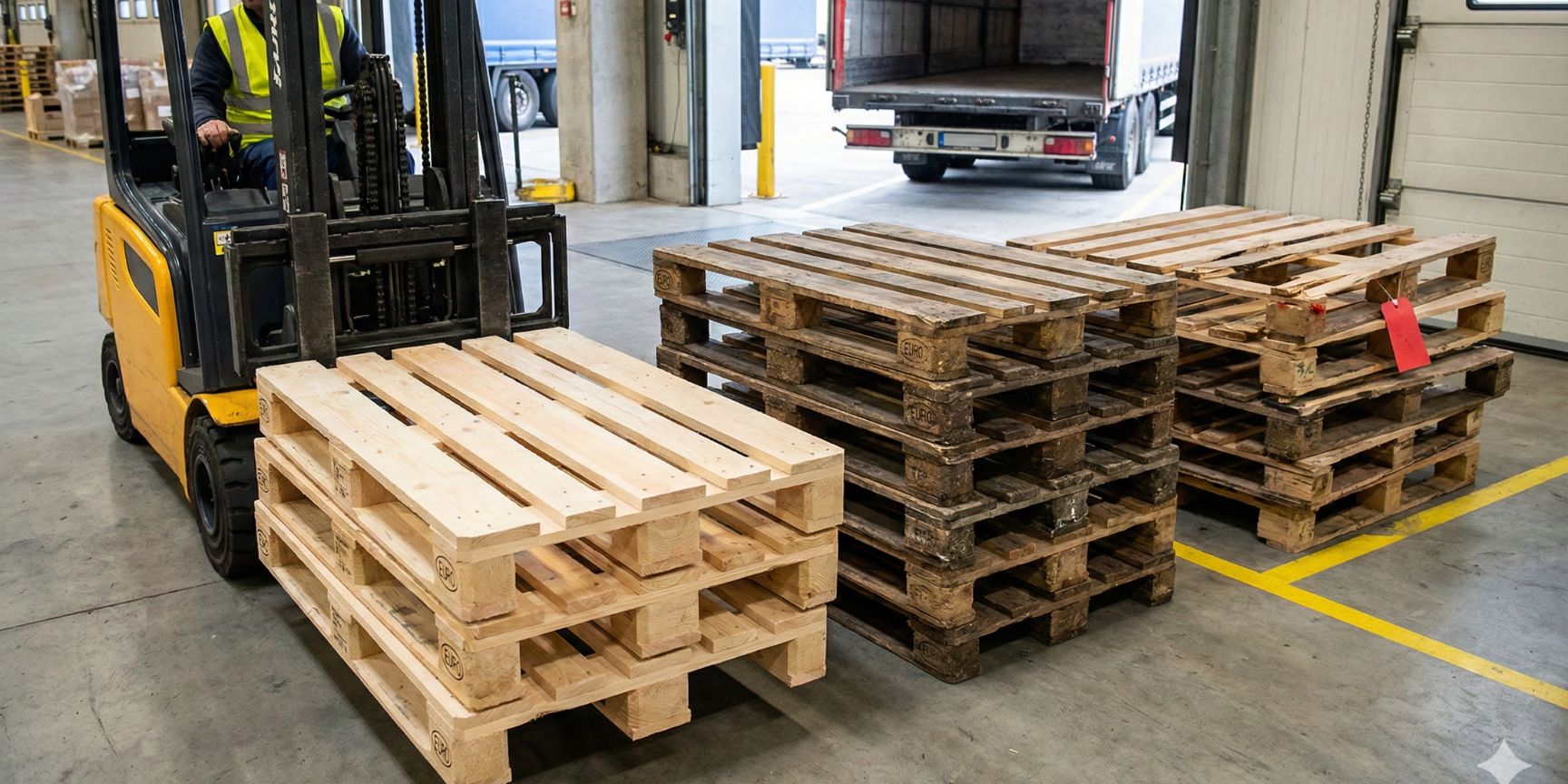 Forklift driver in outgoing goods sorts Euro pallets of different quality levels: A stack of new, light-colored pallets, a stack of used, dark pallets and a stack of defective pallets with a red lock label